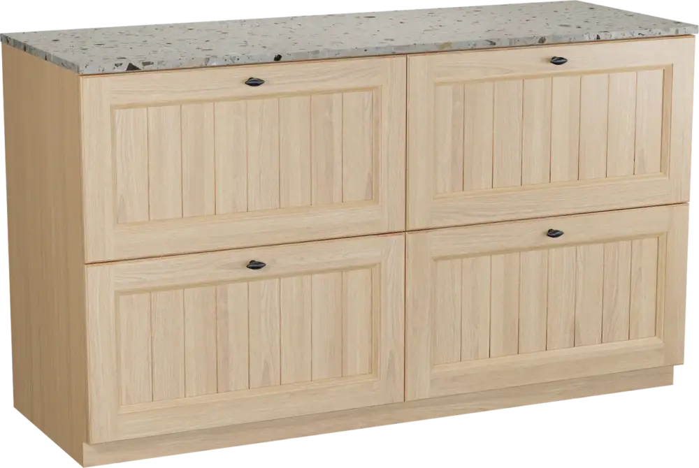 Direkt Vom Hersteller Balmani Lemon freistehendes Möbelstück Set: 150 x 55 cm, Naturbelassene Eiche Furnier, mit Stretto Einzel- oder Doppel Waschtischplatte, Terrazzo in Greige