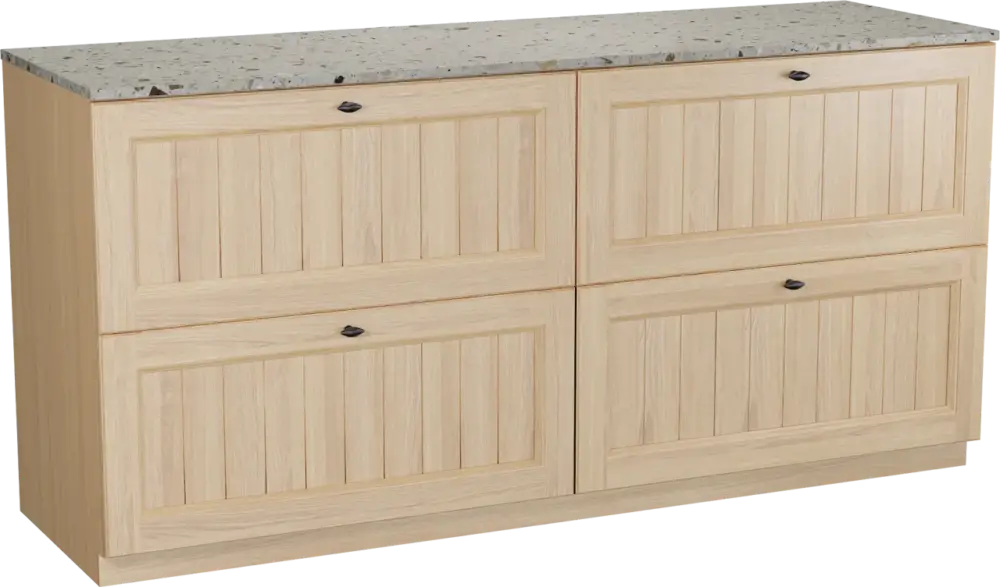 Meistverkauft Balmani Lemon freistehendes Möbelstück Set: 180 x 55 cm, Naturbelassene Eiche Furnier, mit Stretto Einzel- oder Doppel Waschtischplatte, Terrazzo in Greige