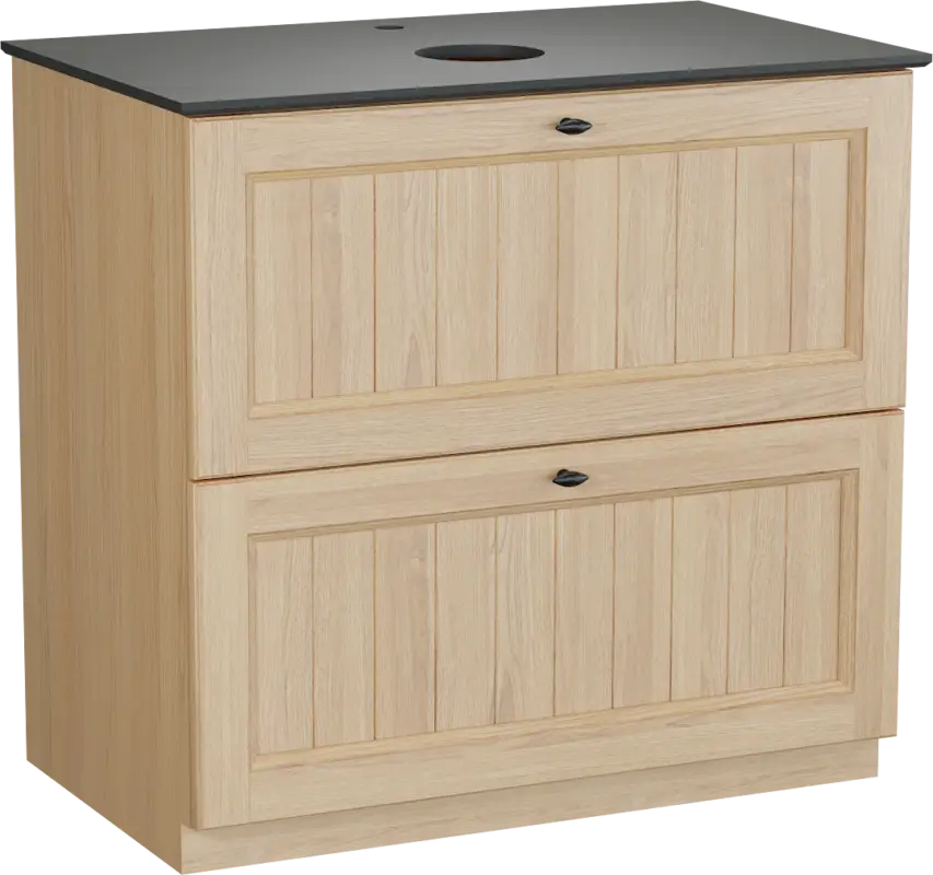 Balmani Lemon freistehendes Möbelstück Set: 90 x 55 cm, Naturbelassene Eiche Furnier, mit Facetta Einzel Waschtischplatte, Schwarzes Granit Bestpreis