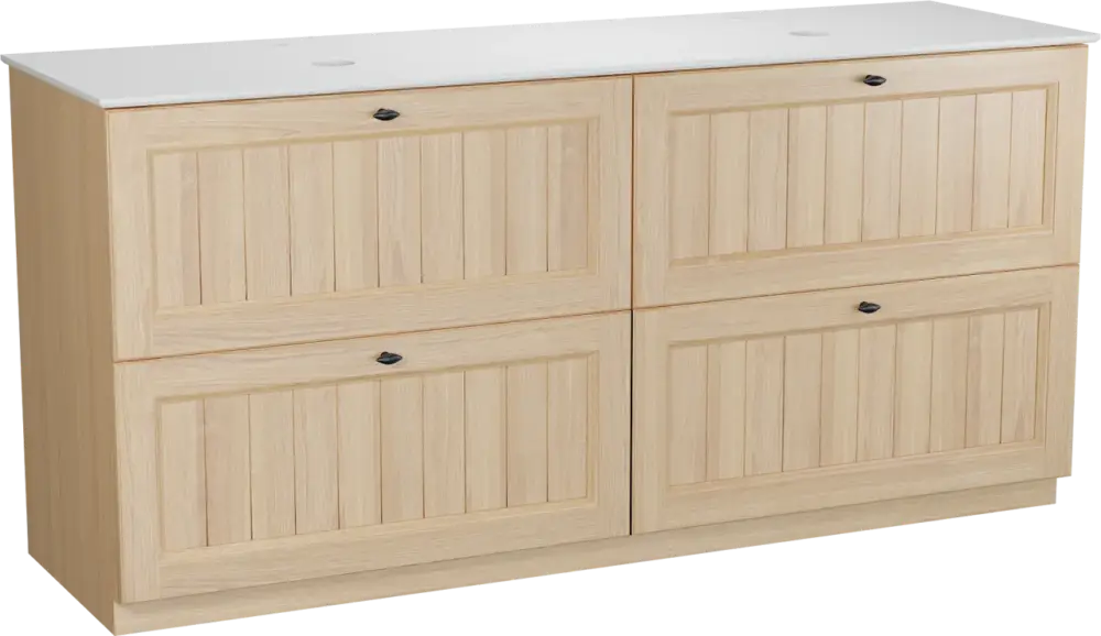 Balmani Lemon freistehendes Möbelstück Set: 180 x 55 cm, Naturbelassene Eiche Furnier, mit Facetta Doppel Waschtischplatte, Weiß matt Saisonangebot
