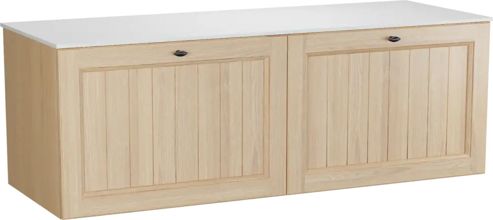 Balmani Lemon hängendes Möbelstück Set: 150 x 55 cm, Naturbelassene Eiche Furnier, mit Stretto Einzel- oder Doppel Waschtischplatte, Weiß matt Garantierte Lieferung