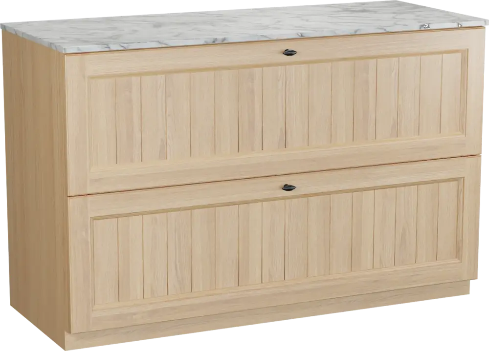 Bestseller Balmani Lemon freistehendes Möbelstück Set: 135 x 55 cm, Naturbelassene Eiche Furnier, mit Stretto Einzel- oder Doppel Waschtischplatte, Carrara