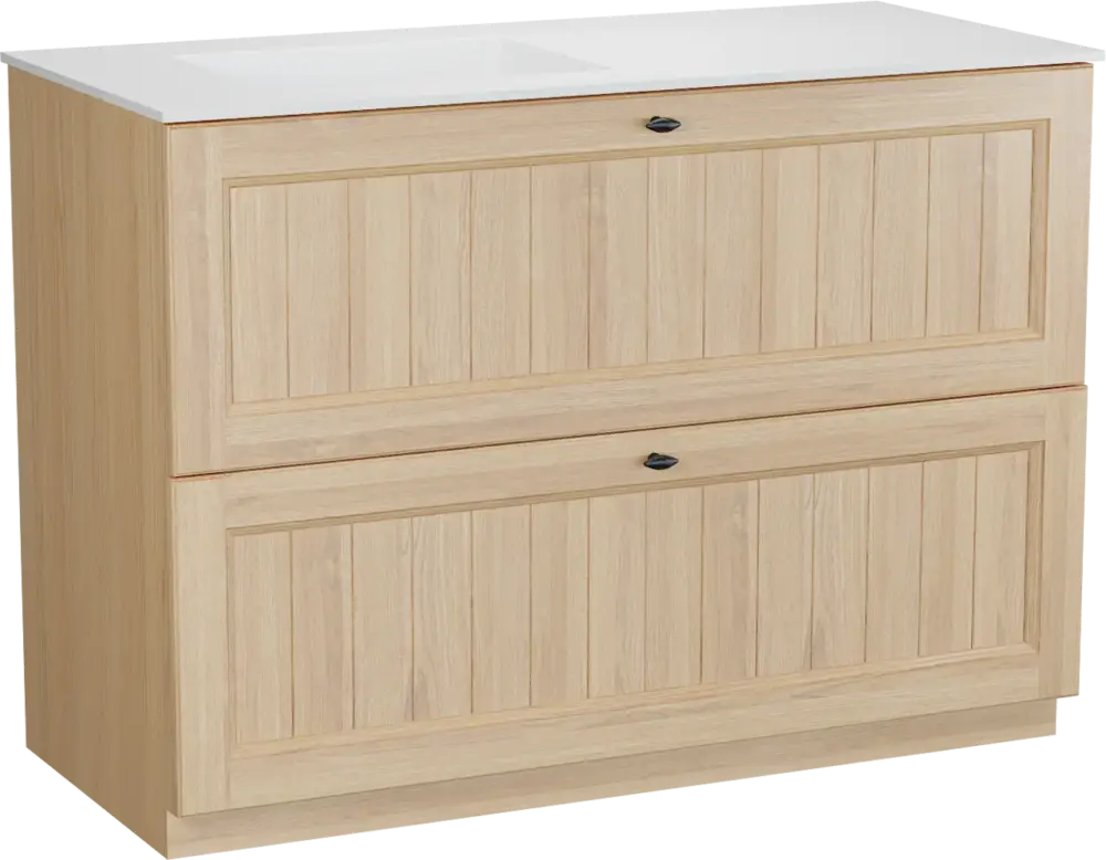 Sale Balmani Lemon freistehendes Möbelstück Set: 120 x 55 cm, Naturbelassene Eiche Furnier, mit Tablo Stretto Waschtisch links, Weiß matt