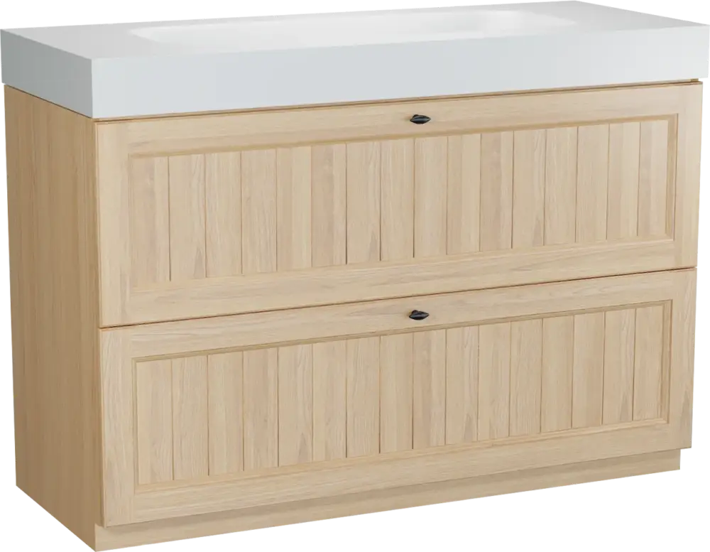 Top-Preis Balmani Lemon freistehendes Möbelstück Set: 135 x 55 cm, Naturbelassene Eiche Furnier, mit Arcato Einzelwaschtisch für 2 Armaturenlöcher, Weiß matt