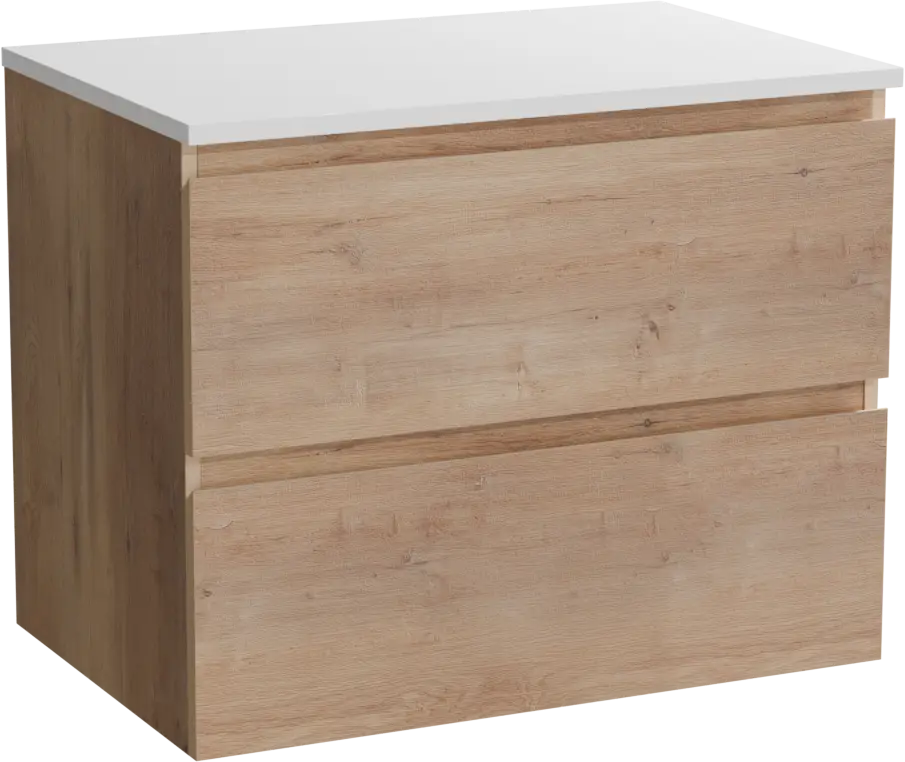 Mega-Angebot Linie Lado hängendes Möbelstück Set: 70 x 46 cm, Naturbelassene Eiche, mit Lado Einzel Waschtischplatte, Marmorkomposit Weiß glänzend