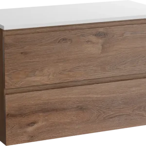 Sale Linie Lado hängendes Möbelstück Set: 90 x 46 cm, Braune Eiche, mit Lado Einzel Waschtischplatte, Marmorkomposit Weiß glänzend