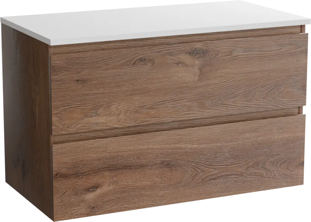 Sale Linie Lado hängendes Möbelstück Set: 90 x 46 cm, Braune Eiche, mit Lado Einzel Waschtischplatte, Marmorkomposit Weiß glänzend
