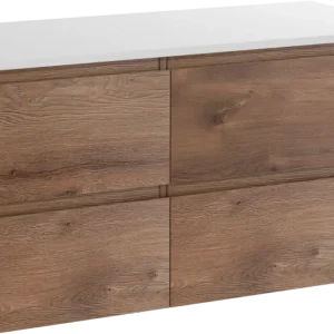 Bestpreis Linie Lado hängendes Möbelstück Set: 100 x 46 cm, Braune Eiche, mit Lado Einzel- oder Doppel Waschtischplatte, Marmorkomposit Weiß glänzend