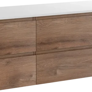 Linie Lado hängendes Möbelstück Set: 120 x 46 cm, Braune Eiche, mit Lado Doppel Waschtischplatte, Marmorkomposit Weiß glänzend Echt