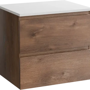 Super-Preis Linie Lado hängendes Möbelstück Set: 60 x 46 cm, Braune Eiche, mit Lado Einzel Waschtischplatte, Marmorkomposit Weiß glänzend