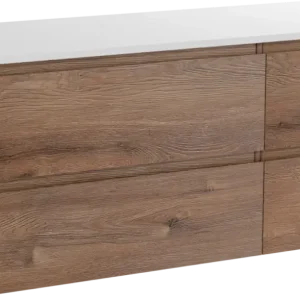 Preis Gesenkt Linie Lado hängendes Möbelstück Set: 120 x 46 cm, Braune Eiche, mit Lado Doppel Waschtischplatte, Marmorkomposit Weiß glänzend