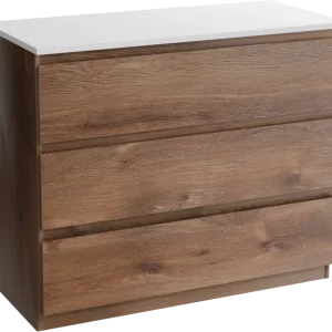 Kracherpreis Linie Lado freistehendes Möbelstück Set: 100 x 46 cm, Braune Eiche, mit Lado Einzel- oder Doppel Waschtischplatte, Marmorkomposit Weiß glänzend