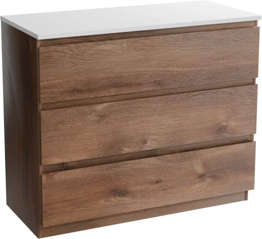 Kracherpreis Linie Lado freistehendes Möbelstück Set: 100 x 46 cm, Braune Eiche, mit Lado Einzel- oder Doppel Waschtischplatte, Marmorkomposit Weiß glänzend
