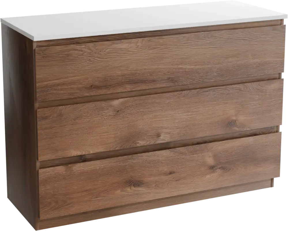 Linie Lado freistehendes Möbelstück Set: 120 x 46 cm, Braune Eiche, mit Lado Doppel Waschtischplatte, Marmorkomposit Weiß glänzend Kracherpreis