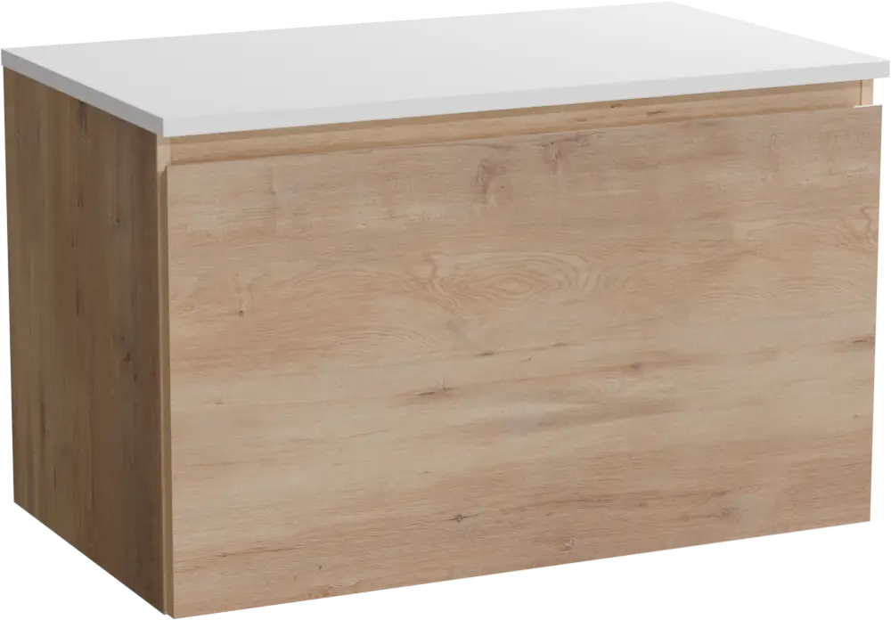 Begrenztes Angebot Linie Lado hängendes Möbelstück Set: 80 x 46 cm, Naturbelassene Eiche, mit Lado Einzel Waschtischplatte, Marmorkomposit Weiß glänzend