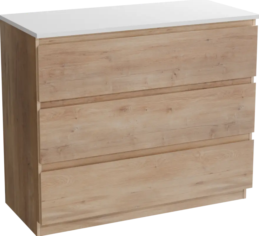 Linie Lado freistehendes Möbelstück Set: 100 x 46 cm, Naturbelassene Eiche, mit Lado Einzel- oder Doppel Waschtischplatte, Marmorkomposit Weiß glänzend Sale