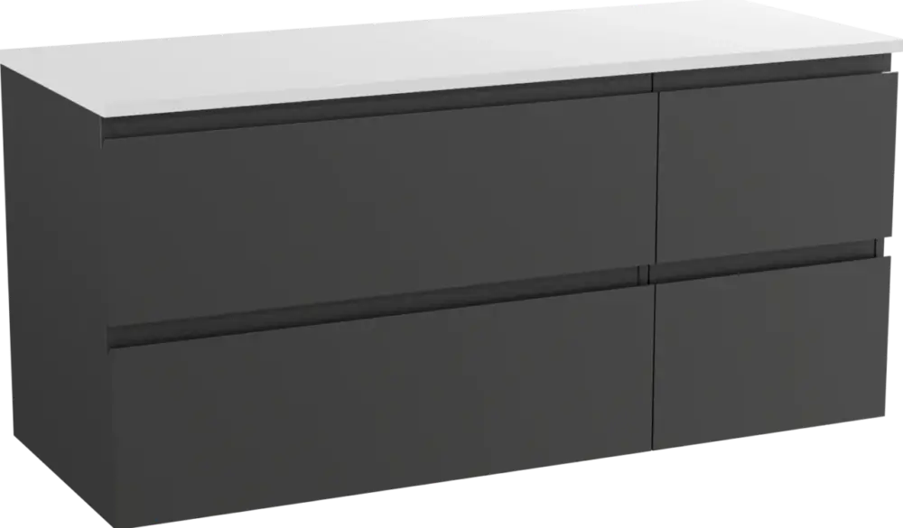 Kracherpreis Linie Lado hängendes Möbelstück Set: 120 x 46 cm, Schwarz matt, mit Lado Doppel Waschtischplatte, Marmorkomposit Weiß glänzend