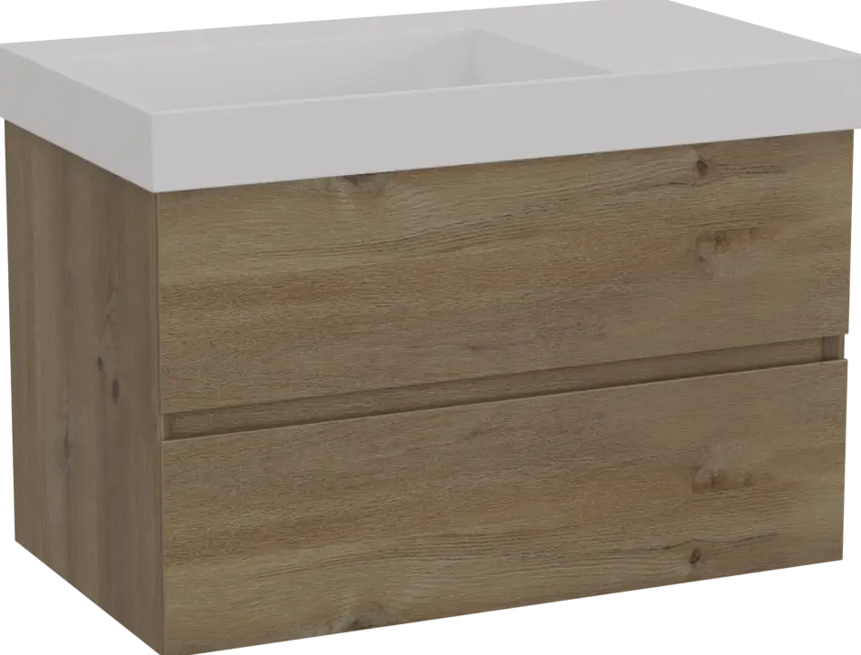 Markenprodukt Storke Edge hängendes Möbelstück Set: 80 x 46 cm, Rohe Eiche, mit Jura Waschtisch links, Solid Surface Weiß matt