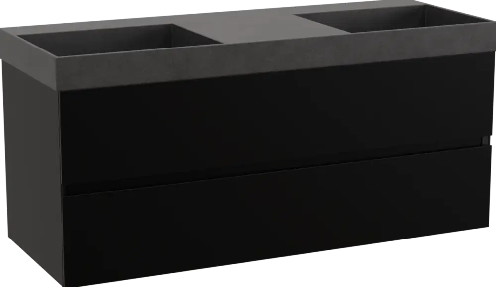 Neu Storke Edge hängendes Möbelstück Set: 120 x 46 cm, Schwarz matt, mit Jura Doppelwaschtisch, Quarz Schwarz matt