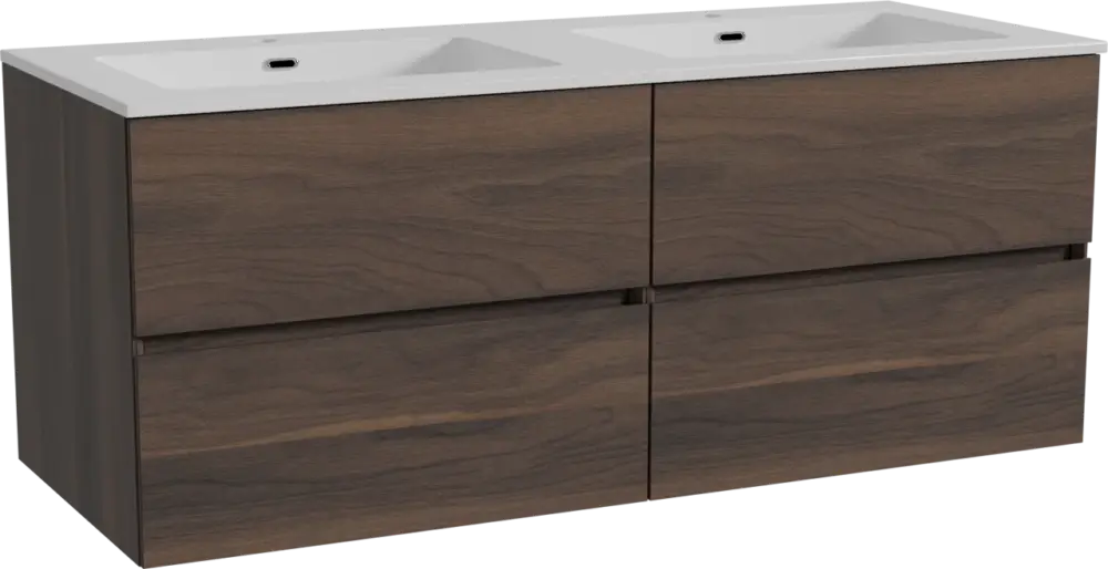 Storke Edge hängendes Möbelstück Set: 130 x 52 cm, Nussbaum, mit Diva Doppelwaschtisch, Marmorkomposit Weiß glänzend Kracherpreis