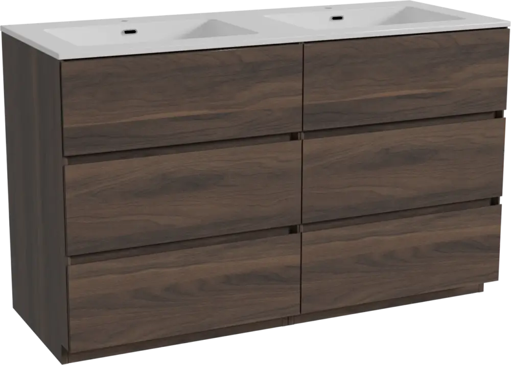 Storke Edge freistehendes Möbelstück Set: 130 x 52 cm, Nussbaum, mit Diva Doppelwaschtisch, Marmorkomposit Weiß glänzend Neue Kollektion