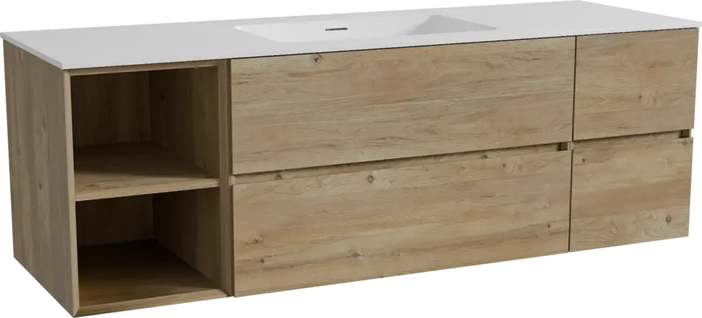 Rabatt Storke Edge hängendes Möbelstück Set: 155 x 52 cm, Rohe Eiche, mit Mata Einzelwaschtisch, Solid Surface Weiß matt
