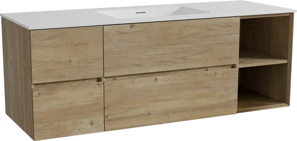 Sale Storke Edge hängendes Möbelstück Set: 145 x 52 cm, Rohe Eiche, mit Mata Einzelwaschtisch, Solid Surface Weiß matt