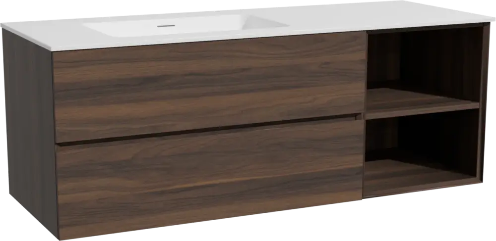 Storke Edge hängendes Möbelstück Set: 140 x 52 cm, Nussbaum, mit Mata Waschtisch links, Solid Surface Weiß matt Abverkauf