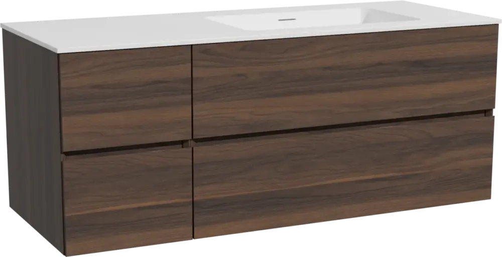 Echt Storke Edge hängendes Möbelstück Set: 130 x 52 cm, Nussbaum, mit Mata Waschtisch rechts, Solid Surface Weiß matt