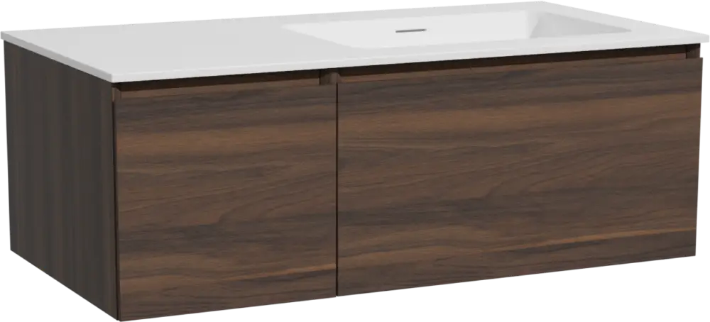 Nur Für Kurze Zeit Storke Edge hängendes Möbelstück Set: 100 x 52 cm, Nussbaum, mit Mata Waschtisch rechts, Solid Surface Weiß matt