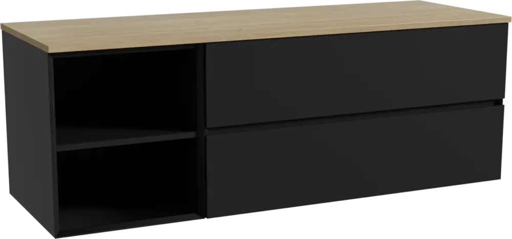 Markenprodukt Storke Edge hängendes Möbelstück Set: 150 x 52 cm, Schwarz matt, mit Panton Einzel- oder Doppel Waschtischplatte, Melamin Rohe Eiche