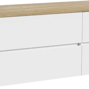 Abverkauf Storke Edge hängendes Möbelstück Set: 130 x 52 cm, Weiß glänzend, mit Panton Einzel- oder Doppel Waschtischplatte, Melamin Rohe Eiche