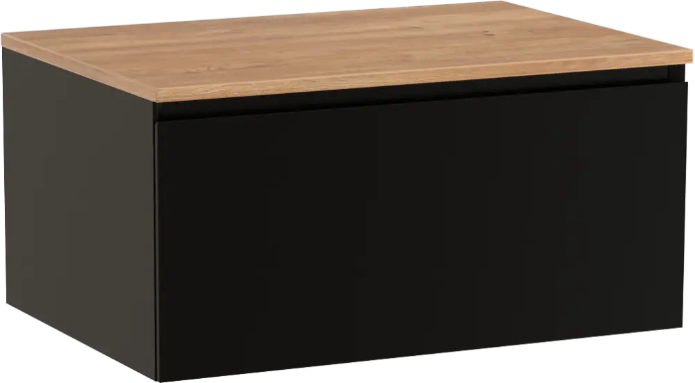 Garantierte Lieferung Storke Edge hängendes Möbelstück Set: 75 x 52 cm, Schwarz matt, mit Panton Einzel Waschtischplatte, Melamin Rohe Eiche