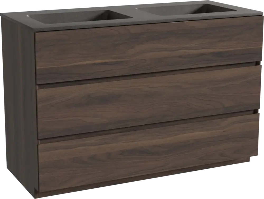 Preis Gesenkt Storke Edge freistehendes Möbelstück Set: 120 x 52 cm, Nussbaum, mit Scuro Doppelwaschtisch, Quarz Schwarz matt