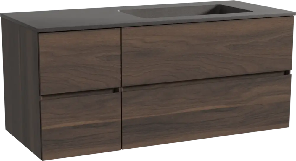 Storke Edge hängendes Möbelstück Set: 120 x 52 cm, Nussbaum, mit Scuro Waschtisch rechts, Quarz Schwarz matt Geprüft