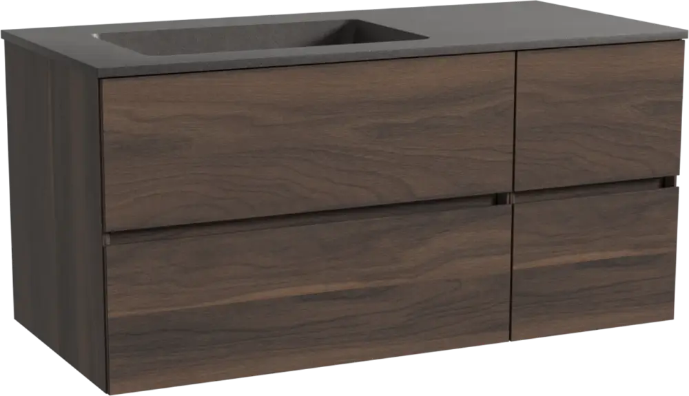 Storke Edge hängendes Möbelstück Set: 110 x 52 cm, Nussbaum, mit Scuro Waschtisch links, Quarz Schwarz matt Neue Kollektion