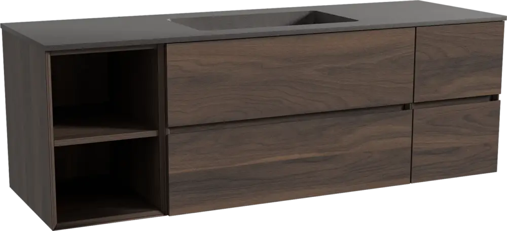 Neue Kollektion Storke Edge hängendes Möbelstück Set: 155 x 52 cm, Nussbaum, mit Scuro Einzelwaschtisch, Quarz Schwarz matt