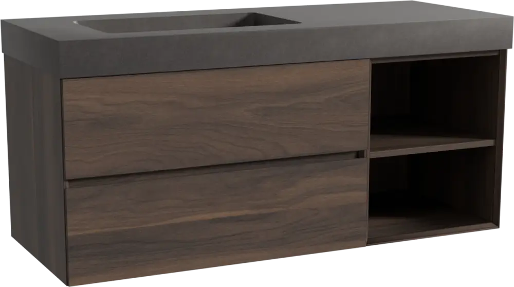 Neue Kollektion Storke Edge hängendes Möbelstück Set: 130 x 52 cm, Nussbaum, mit Scuro High Waschtisch links, Quarz Schwarz matt