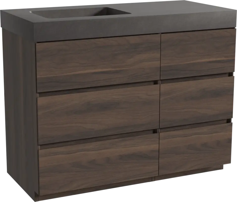 Storke Edge freistehendes Möbelstück Set: 110 x 52 cm, Nussbaum, mit Scuro High Waschtisch links, Quarz Schwarz matt Finale Aktion