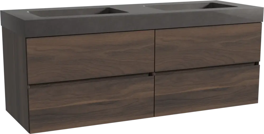 Geprüft Storke Edge hängendes Möbelstück Set: 150 x 52 cm, Nussbaum, mit Scuro High Doppelwaschtisch, Quarz Schwarz matt