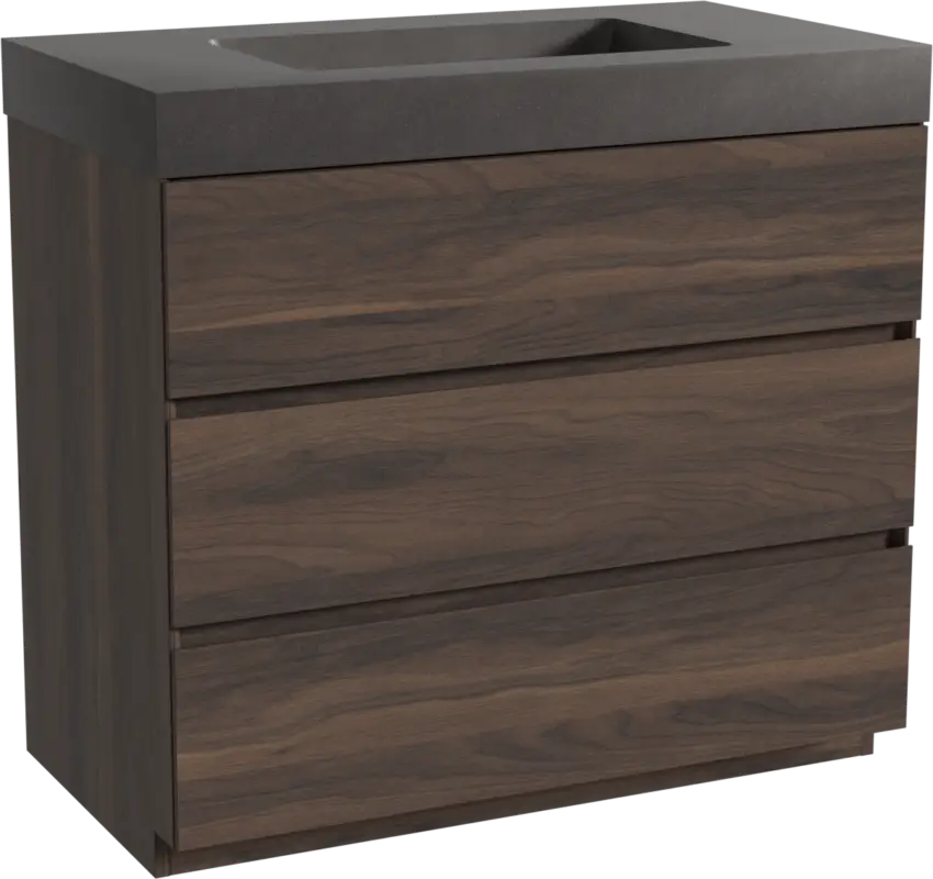 Sale Storke Edge freistehendes Möbelstück Set: 95 x 52 cm, Nussbaum, mit Scuro High Einzelwaschtisch, Quarz Schwarz matt