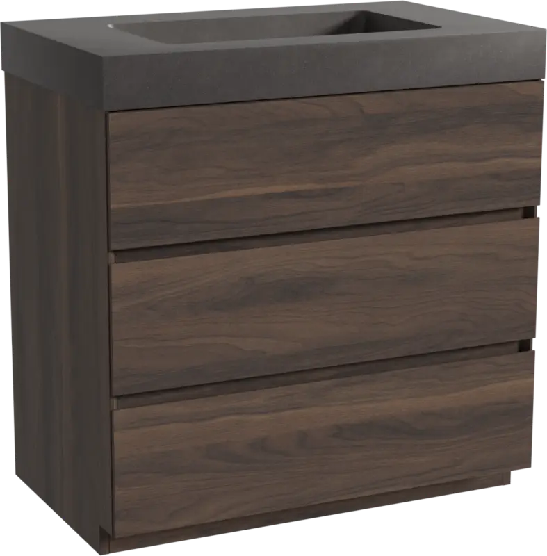 Storke Edge freistehendes Möbelstück Set: 85 x 52 cm, Nussbaum, mit Scuro High Einzelwaschtisch, Quarz Schwarz matt Solange Der Vorrat Reicht