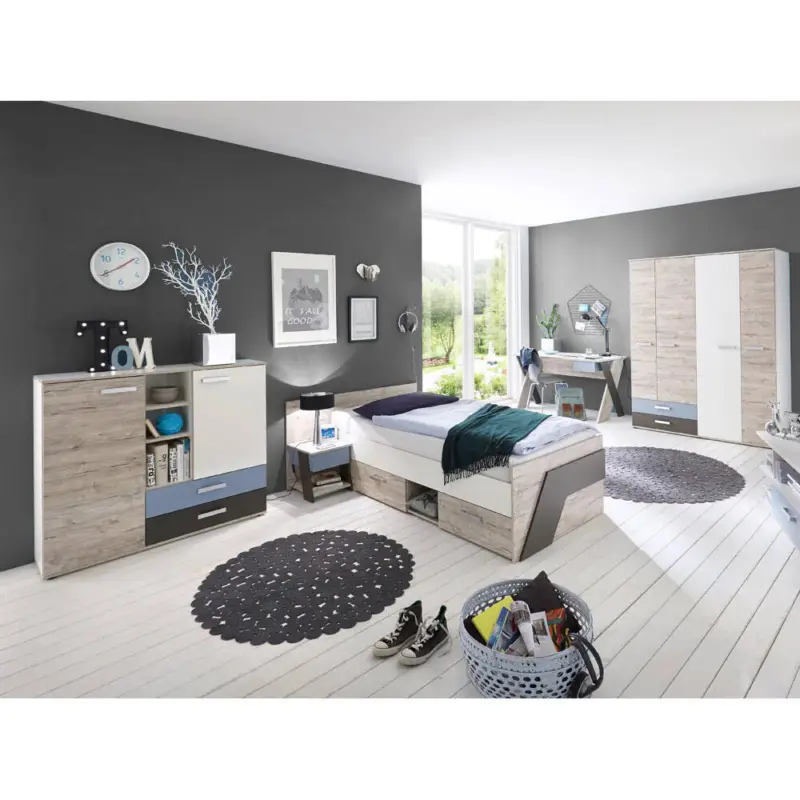 Jugendzimmer Set mit Schreibtisch 5-teilig LEEDS-10 in Sandeiche Nb. mit weiß, Lava und Denim Blau Echt