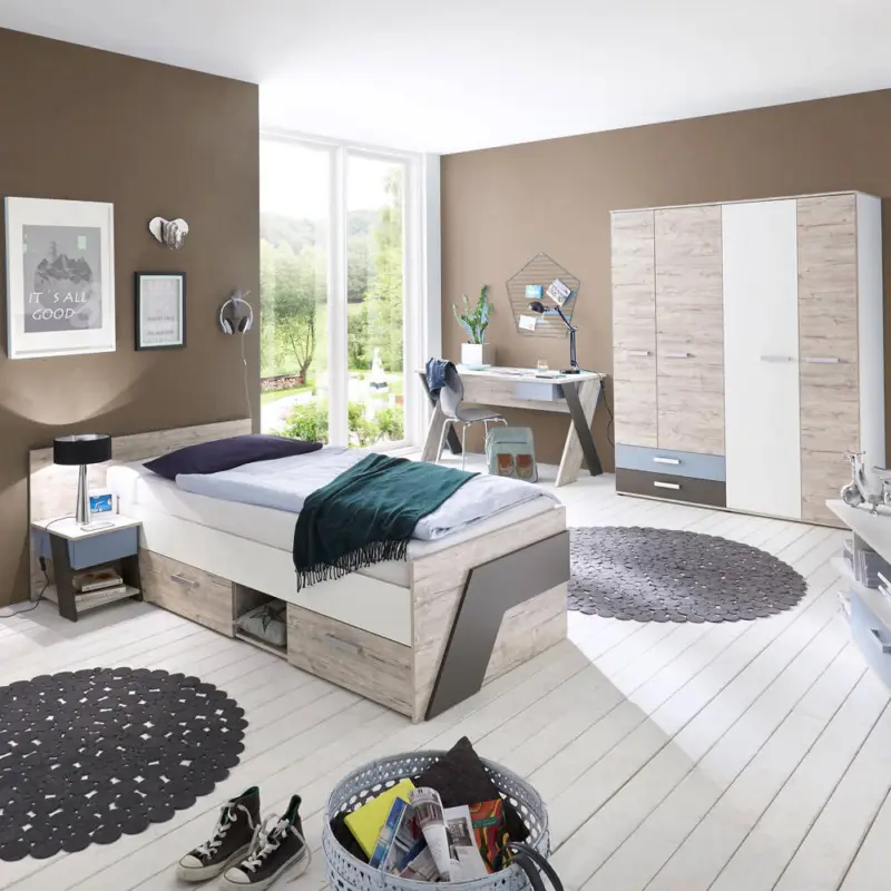 Jugendzimmer Set mit Schreibtisch 4-teilig LEEDS-10 in Sandeiche Nb. mit weiß, Lava und Denim Blau Markenprodukt