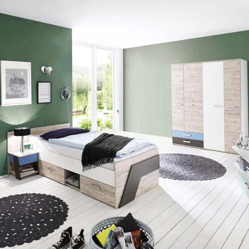 Ausverkauf Kinderzimmer Set Komplett Sandeiche Nb. mit weiß, Lava 3-teilig LEEDS-10 und Denim Blau