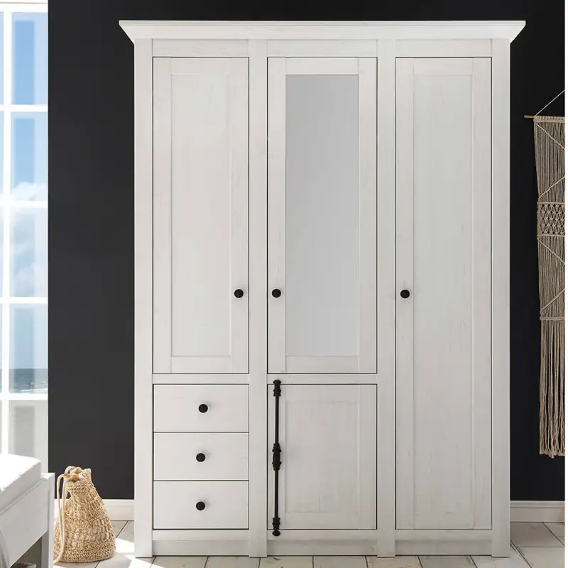 4-türiger Kleiderschrank WINGST-61 mit Spiegel im Landhaus Stil Dekor Pinie weiß Nb. B/H/T ca. 147x206x64cm Sofort Bestellen