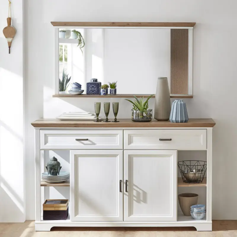 Landhaus Sideboard & Spiegel JÜLICH-36 in Pinie weiß und Artisan Eiche Nb. - B/H/T: 171/102/48 cm Neuheit