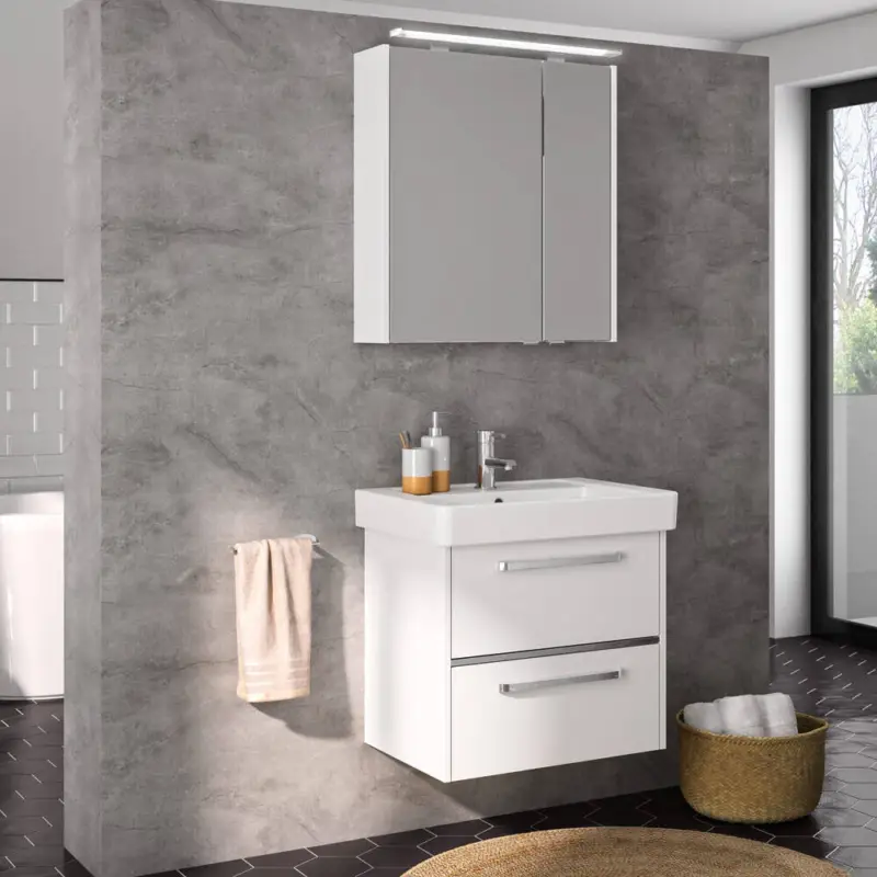 Badezimmer-Waschplatz FES-3050-66 mit Spiegelschrank und Keramikbecken in Hochglanz weiß - B/H/T: 66/200/45cm Jetzt Bestellen