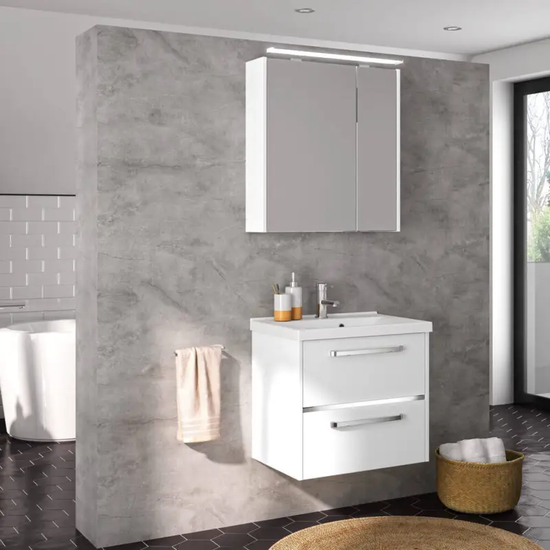 Badezimmer-Waschplatz FES-3050-66 Unterschrank in Hochglanz weiß, Mineralgussbecken inkl. LED - B/H/T: 66/200/43cm Aktuell