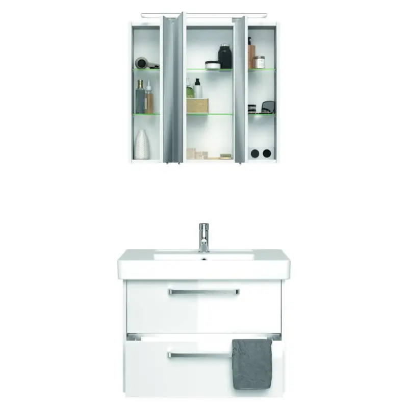 Saisonangebot Waschplatz-Badmöbel FES-3050-66 Unterschrank in Hochglanz weiß mit LED-Band und Keramikbecken - B/H/T: 80/200/45cm